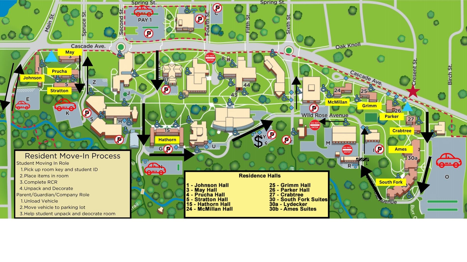 Campus map, move in day traffic