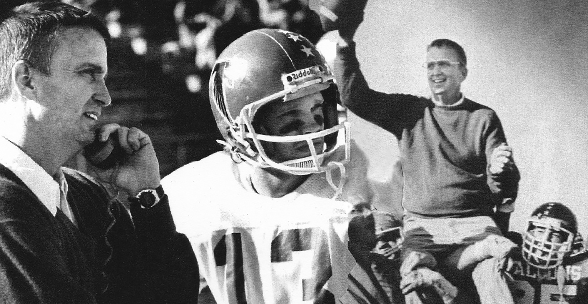 a black and white photo collage of Coach Mike Farley. On the left he is seen talking to a player wearing a helmet and uniform. On the right, he is lifting a football into the air and is on the shoulders of players.