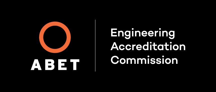 A black rectangle with an orange circle and the letters "ABET" underneath it on the left side and "Engineering Accreditation Commission" in white text on the right side.