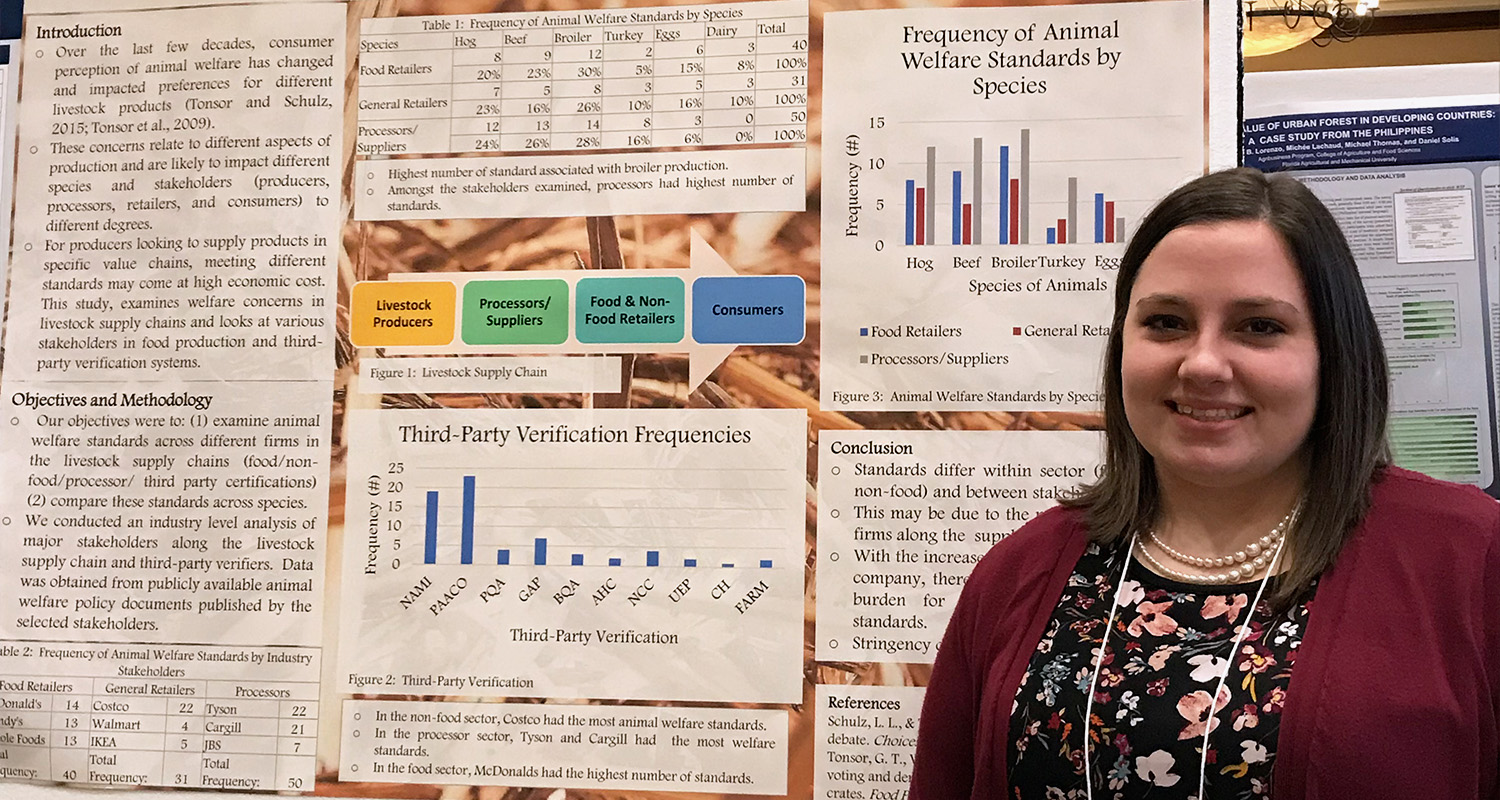 A student stands in front of a posterboard presentation of their research