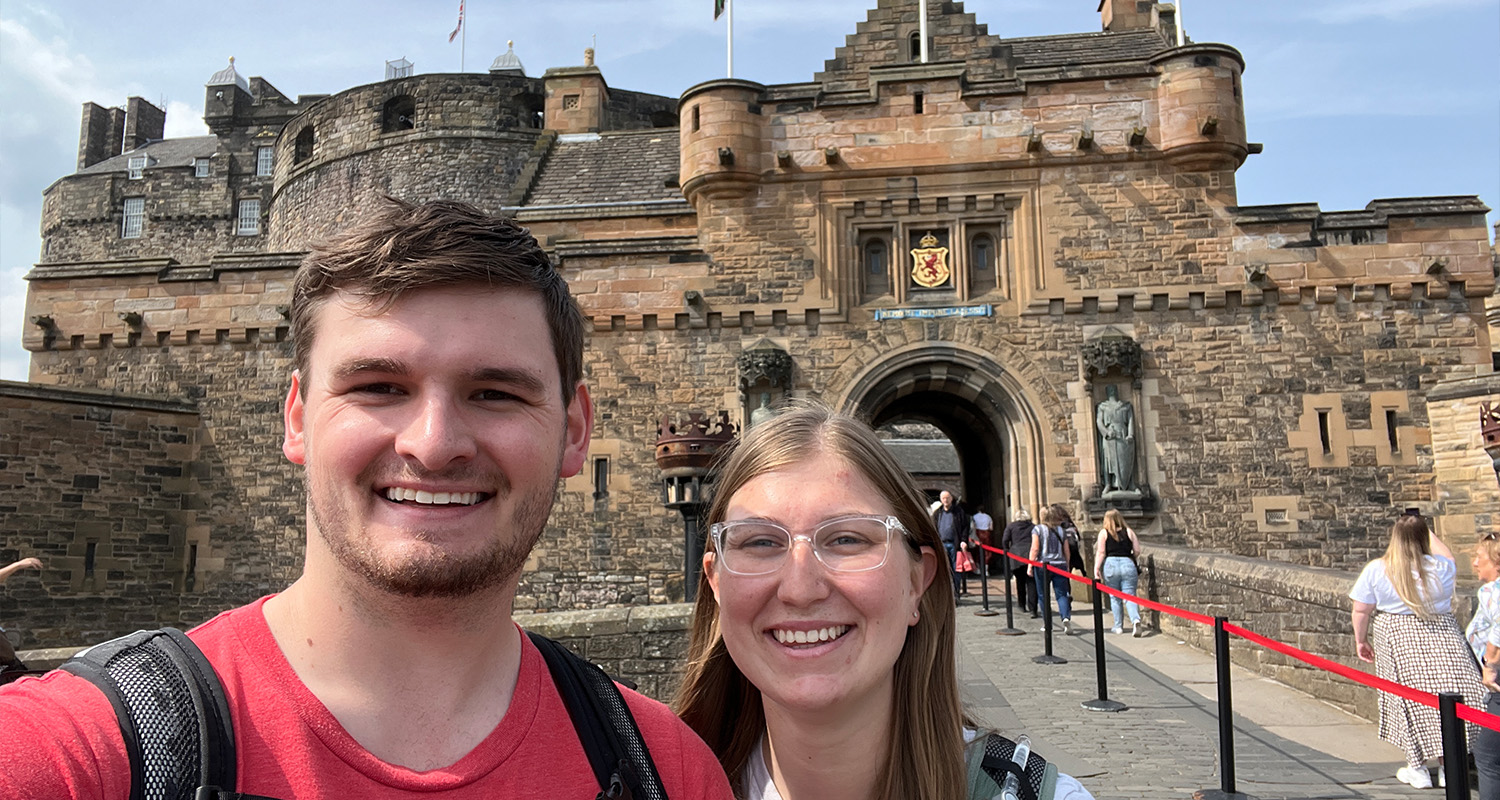 Two students take a selfie during an international trip to Scotland