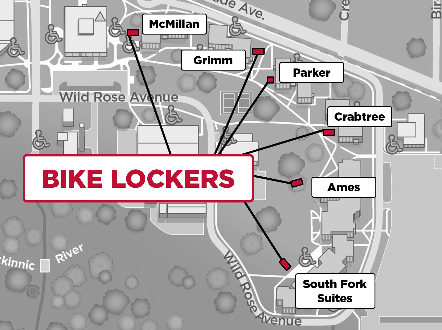 A graphic showing the 4 bike lockers on the east side of campus. Near McMillan, Grim, Parker, Crabtree, Ames and South Fork Suites. Hall.