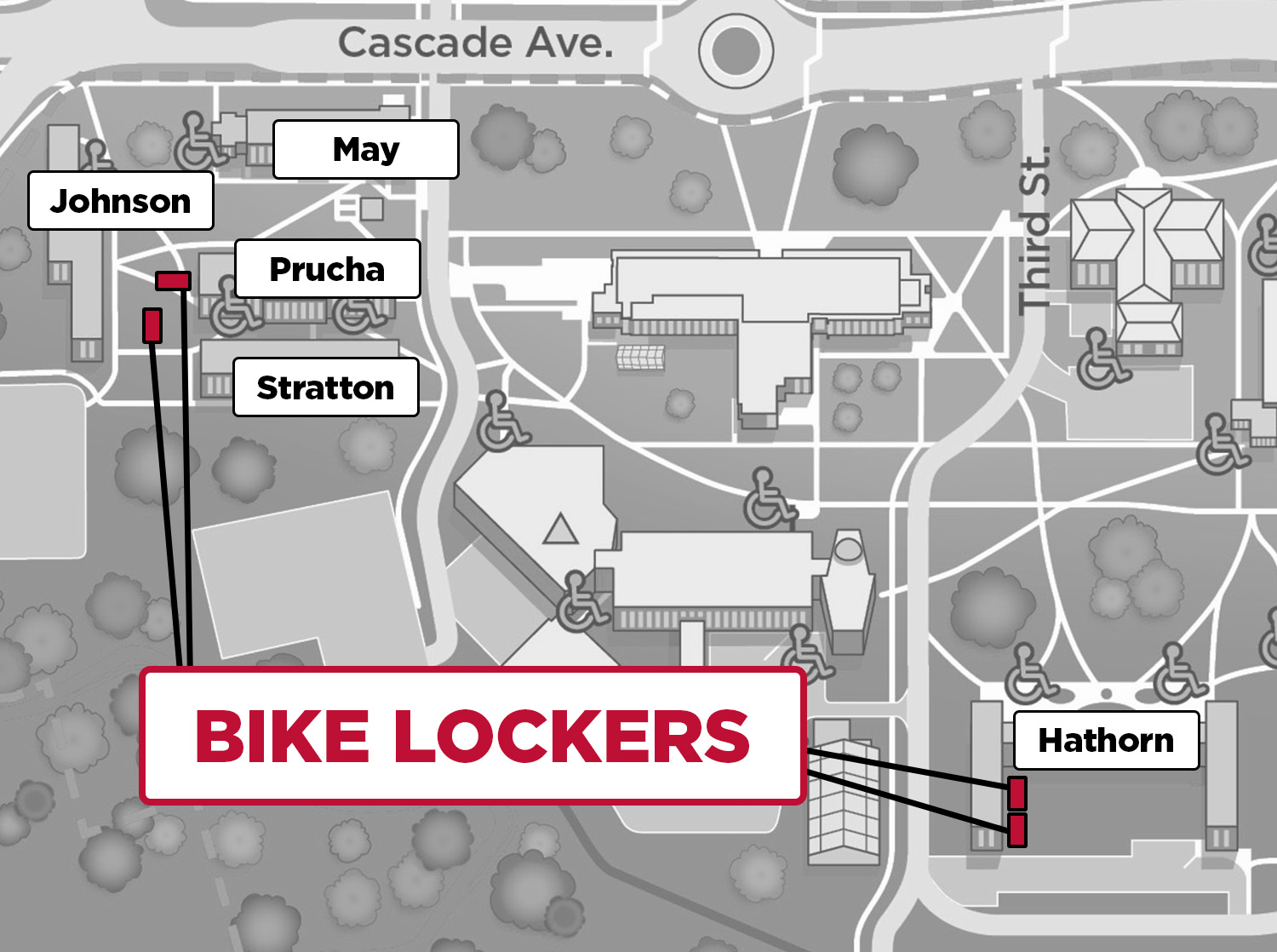 A graphic showing the 4 bike lockers on the west side of campus. Near Prucha, Stratton and Hathorn Hall.