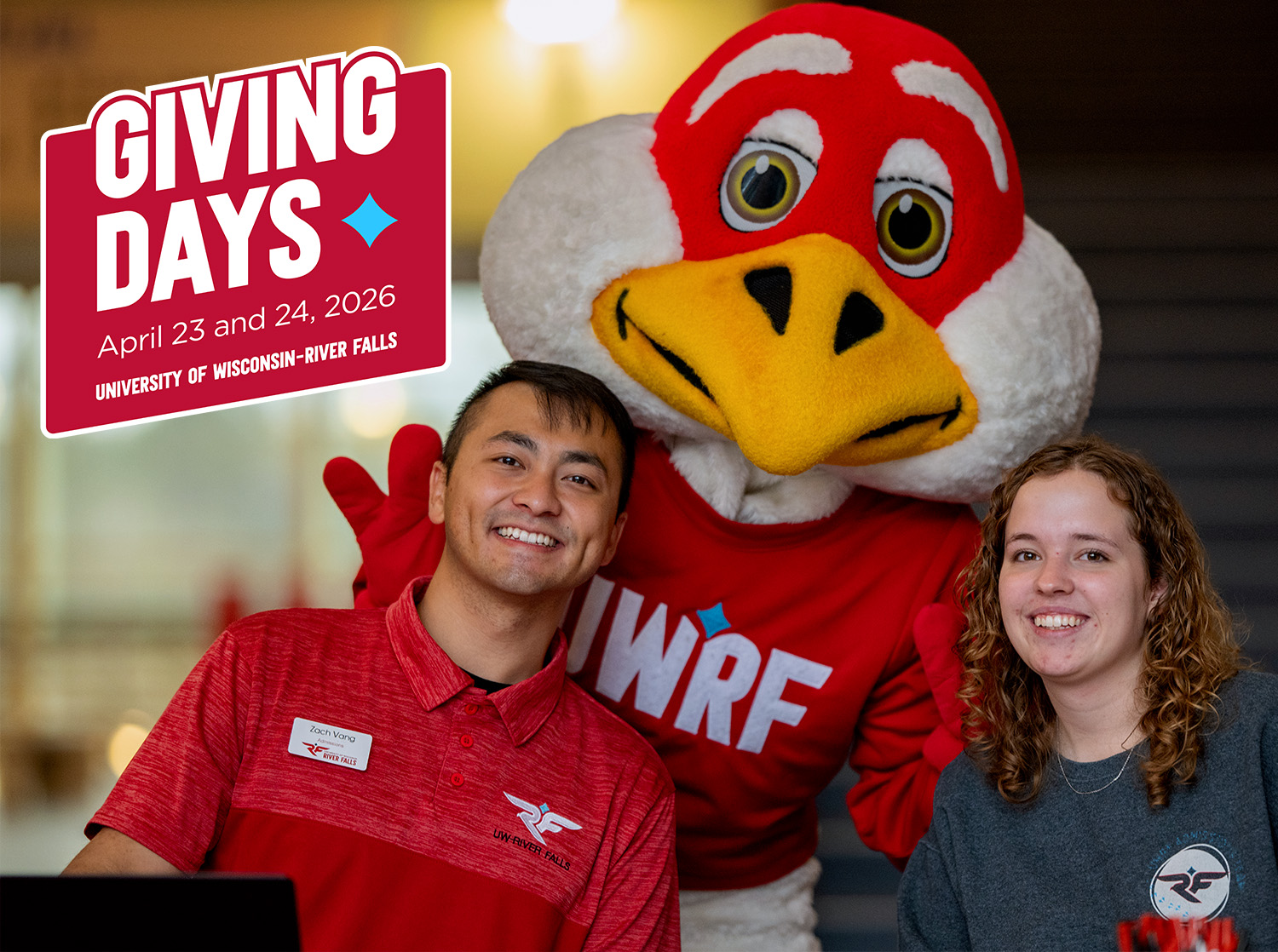 Giving Days 2026 logo with Freddy Falcon and two admissions students