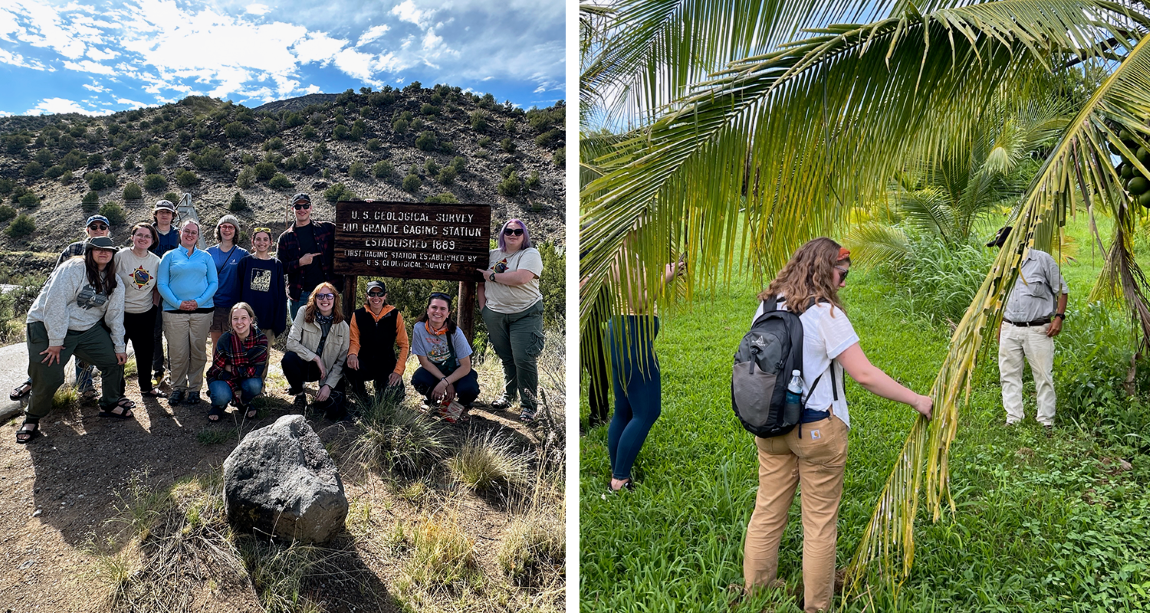 Two images. Left: A group of students and professors stand at the U.S. Geological Survey Rio Grand Gaging Station site on a study abroad trip. Right: Multiple students participate in a study abroad trip to study coconuts