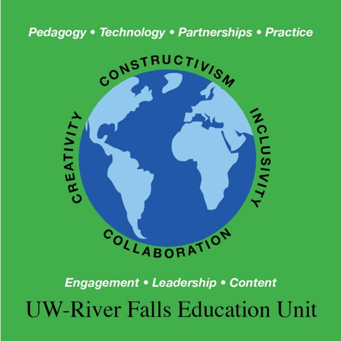 illustration of a globe on a green background with the words "pedagogy, technology, partnerships, practice, constructivism, inclusivity, creativity and collaboration"