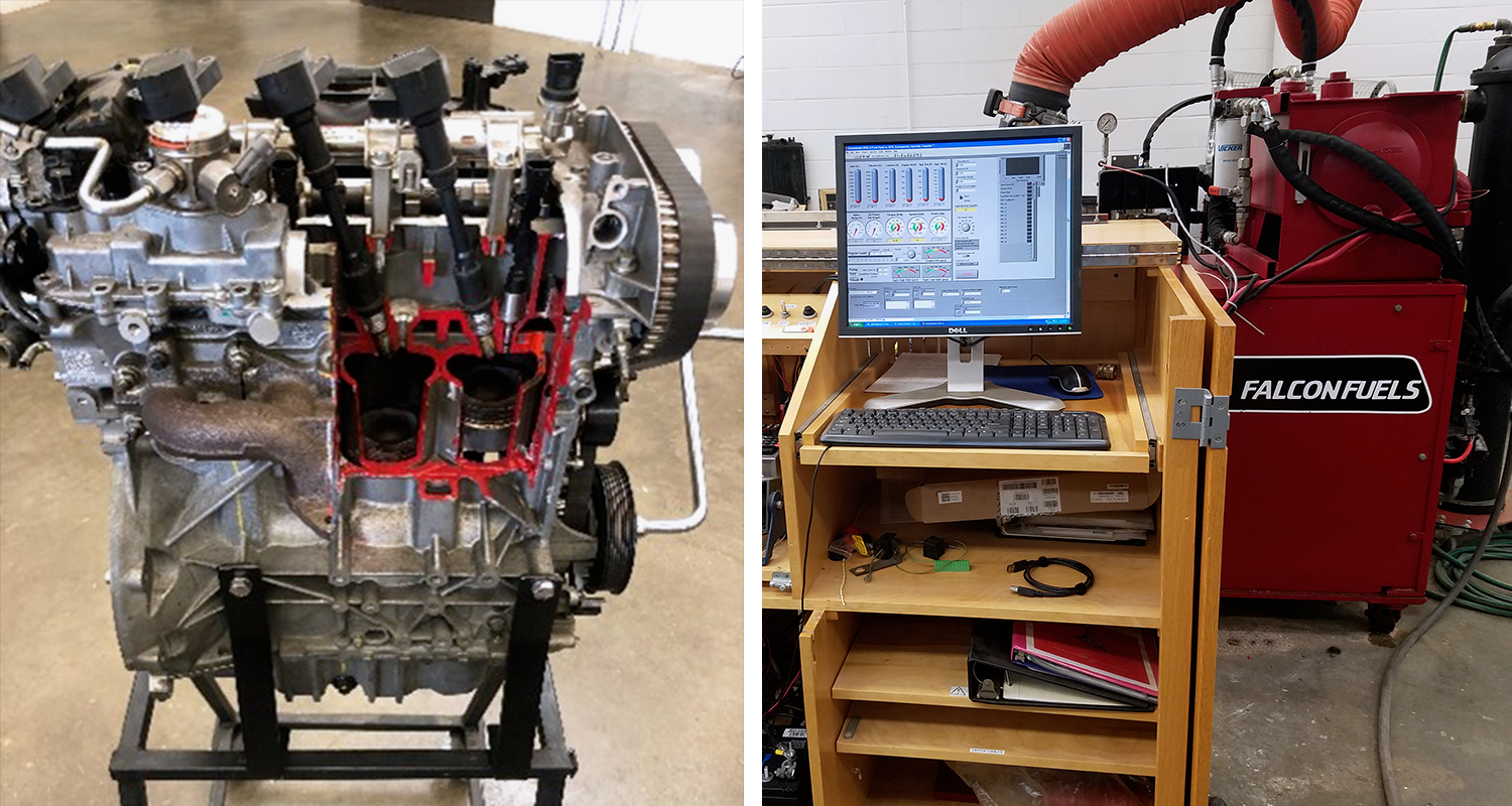 First photo of a small engine on a lift, second photo of a computer with a Dynamometer 