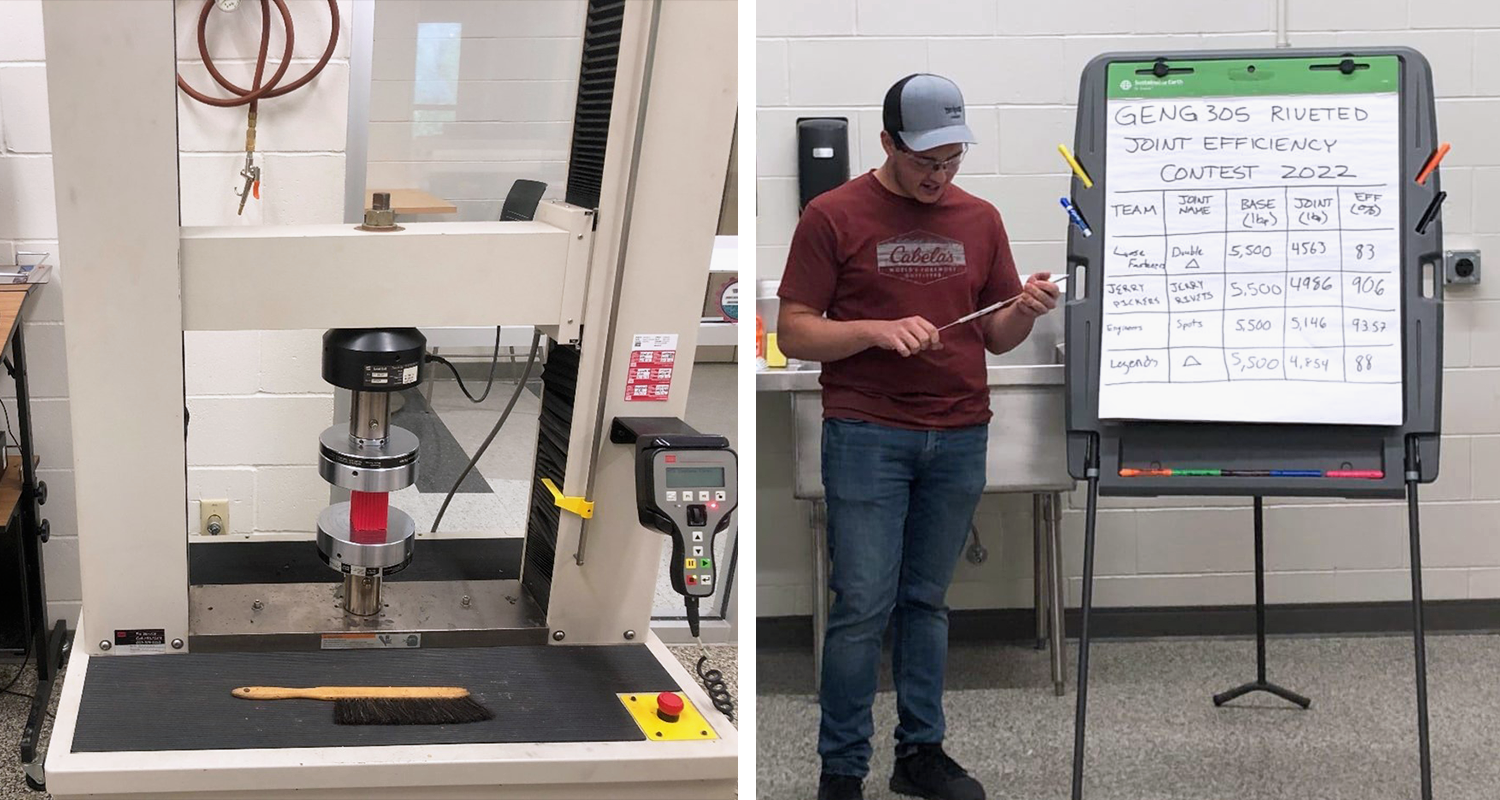 First photo of a hydraulic press and another photo of two students presenting data on a board