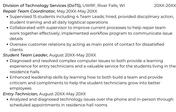 Example of listing multiple positions in the same company on a resume.
