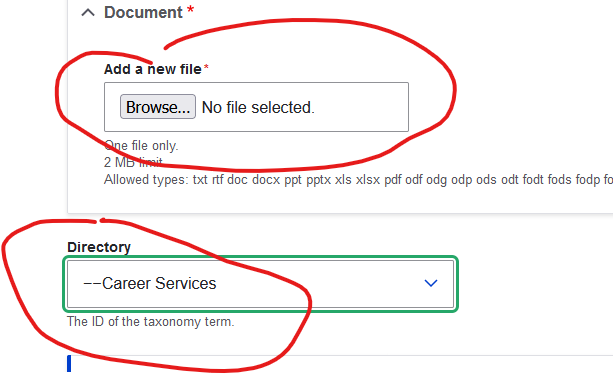 Upload button and directory circled in red