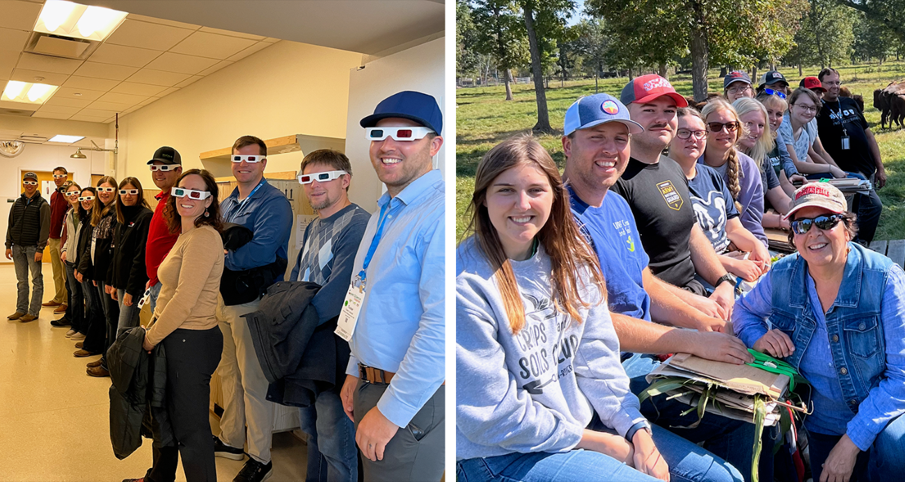 Two photos show a group of students on two field trips