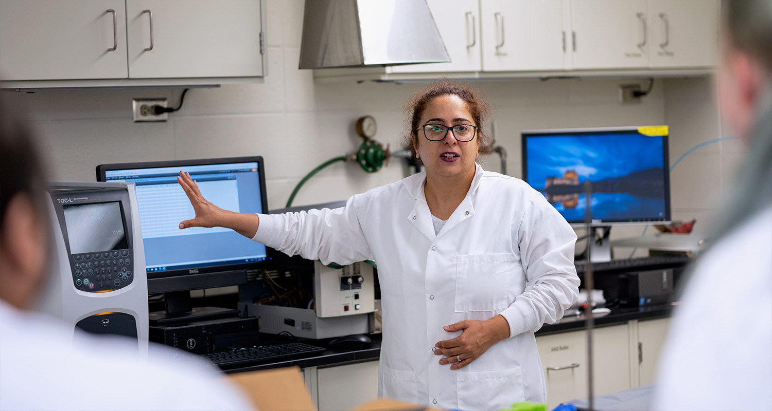 Professor Bahareh Hassanpour points to a computer screen while addressing two students in lab coats