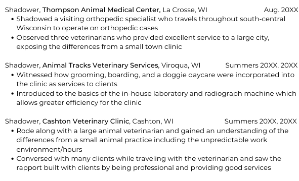 Example of shadowing activities on a resume.