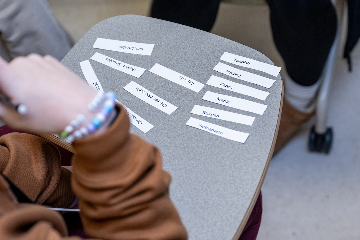 strips of paper with various languages on them lay on a desk