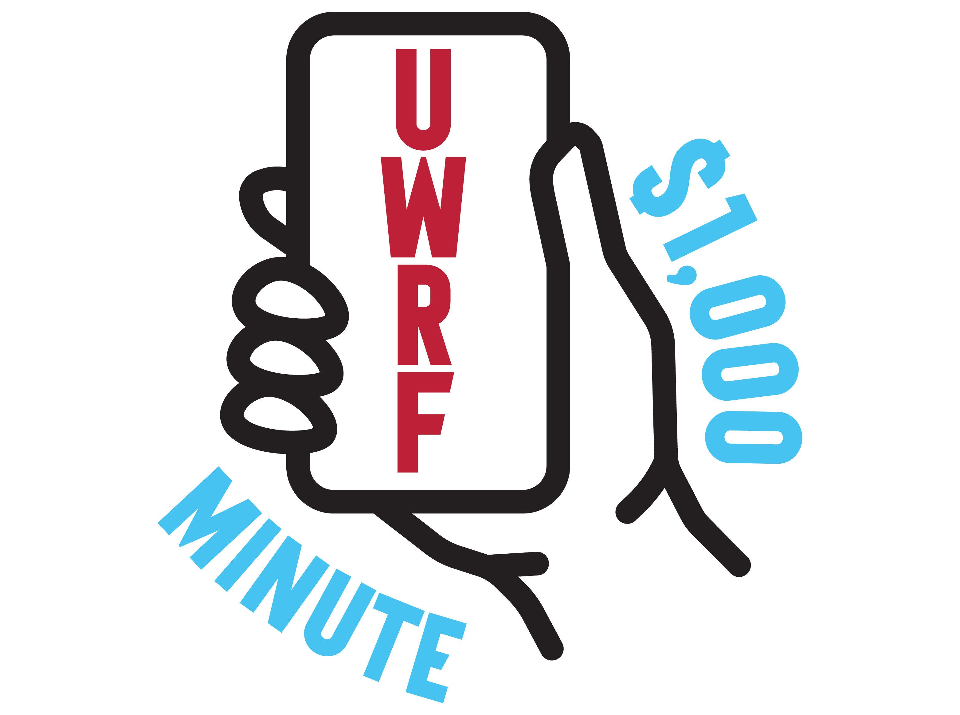 Illustration with a hand and a phone with the words UWRF and $1000 Minute on it