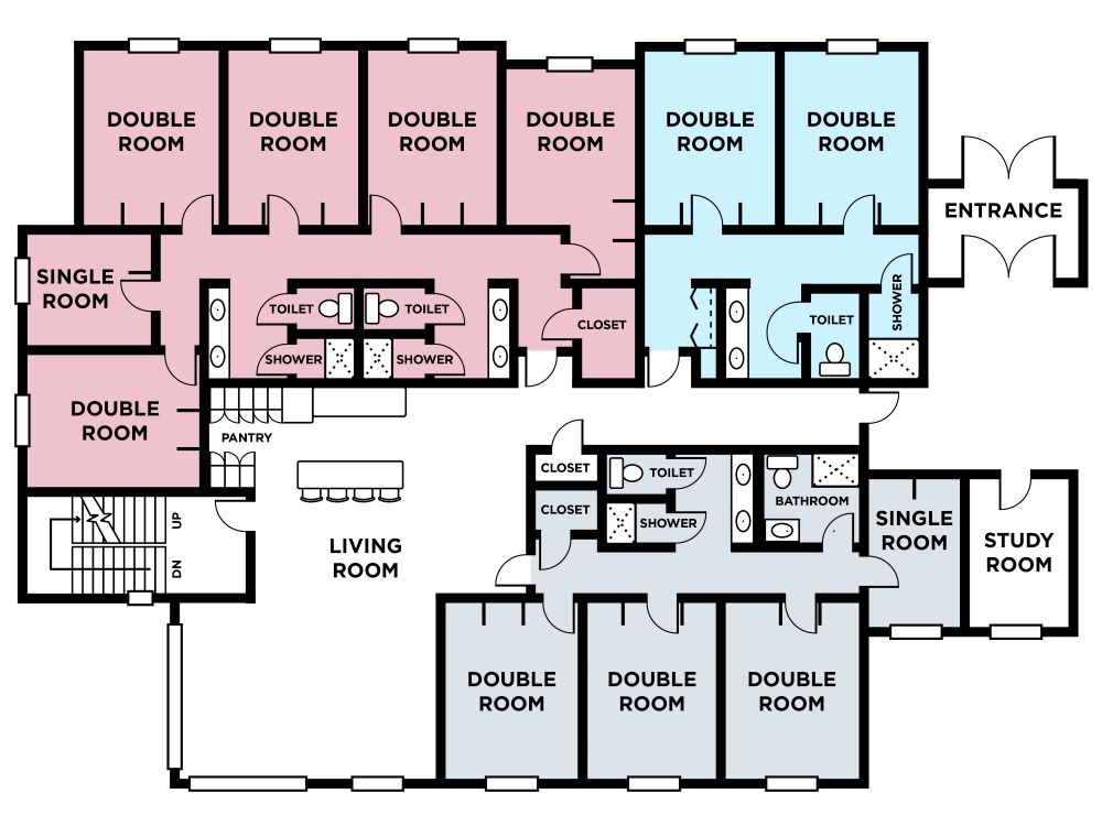 Residence Hall room layout graphic of Ames Suites