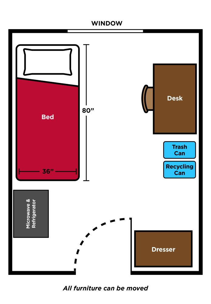 Residence Hall room layout graphic of Ames Suites in a single room