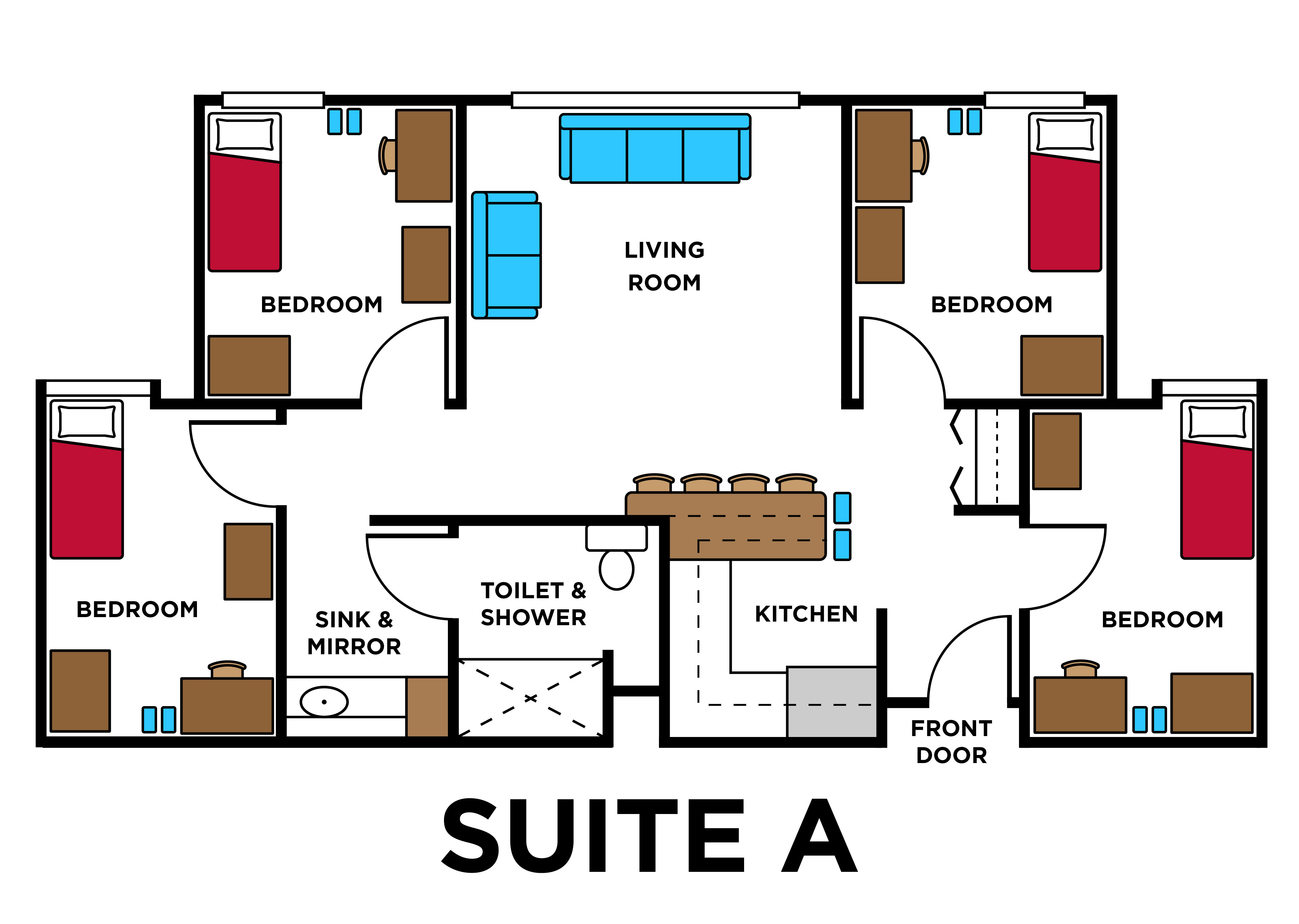 Residence Hall room layout graphic of Suite A in South Fork Suites