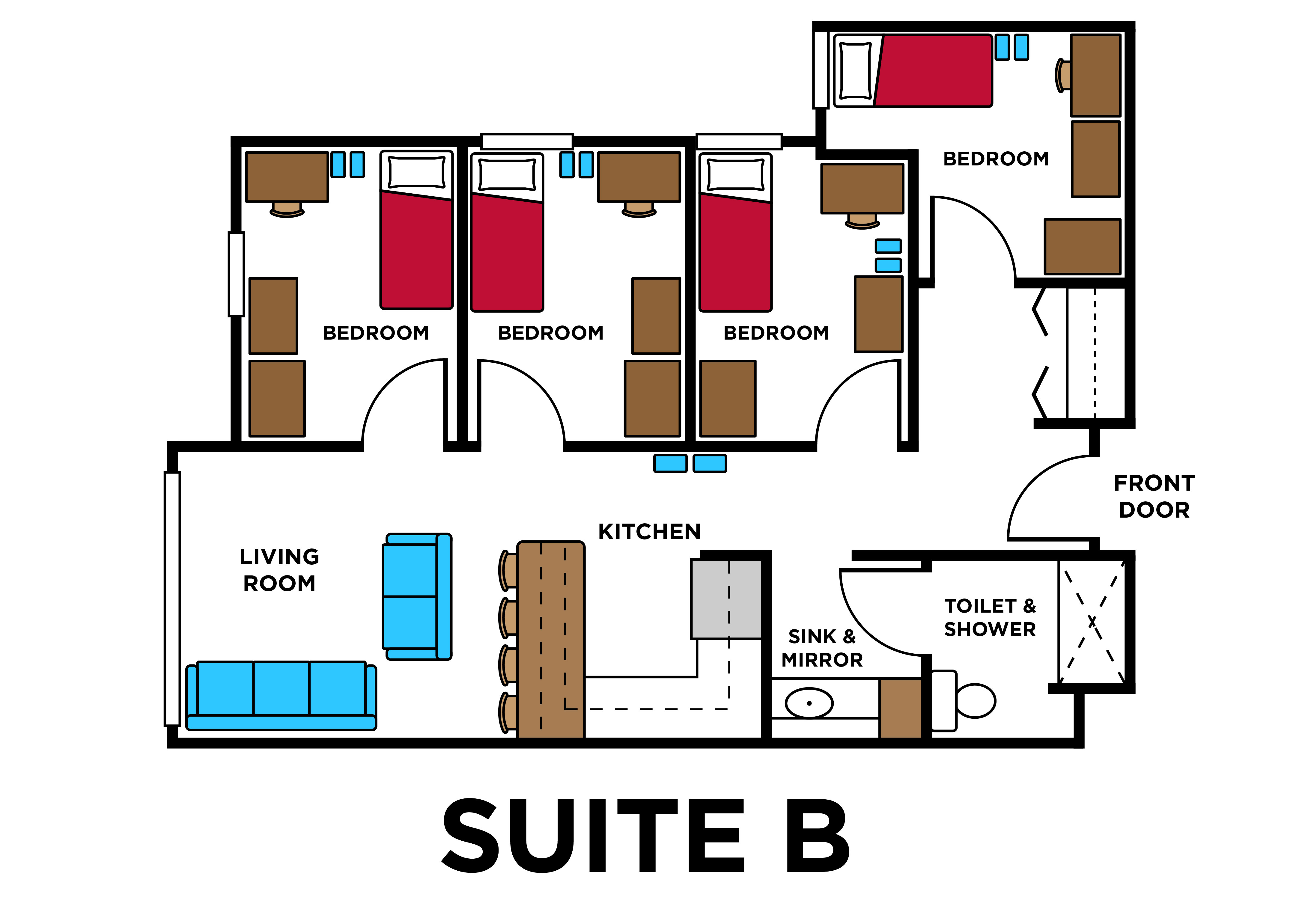 Residence Hall room layout graphic of Suite B in South Fork Suites