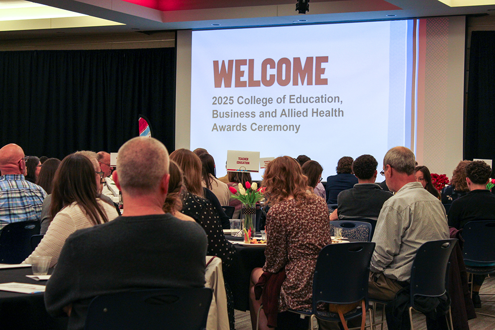 People sit at tables facing a screen that says "Welcome to the CEBAH Awards ceremony"