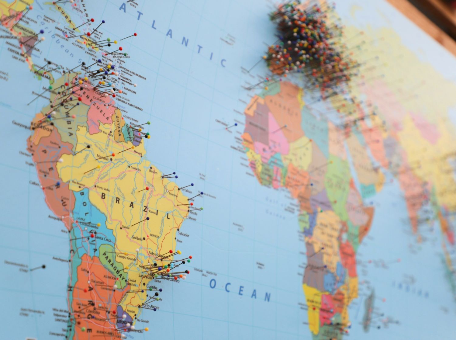 A map with pins to indicate locations traveled to