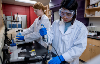 Two students work on collecting data in the dairy innovation hub