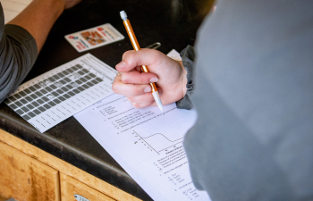 A person works on a paper worksheet during class