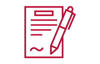 Icon of a pen writing on a piece of paper