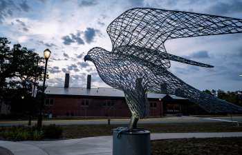 The falcon statue outside of Rodli Hall