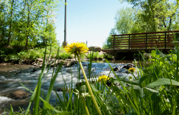 A nice spring day at the Kinnickinnic bridge on campus