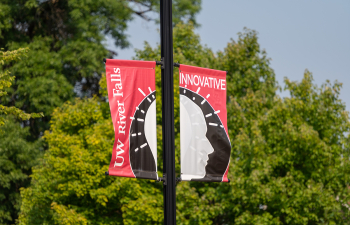 red and black flags that say "innovation" hang on a lightpole