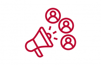 Icon of a megaphone with 3 people surrounding it