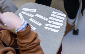 strips of paper with various languages on them lay on a desk